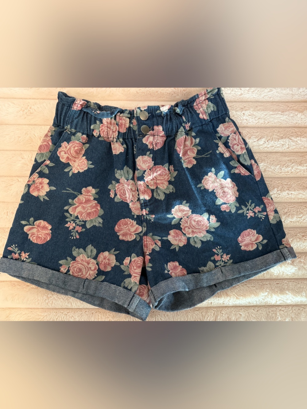 BiBi Dark Blue Denim Floral Shorts with Pink Roses